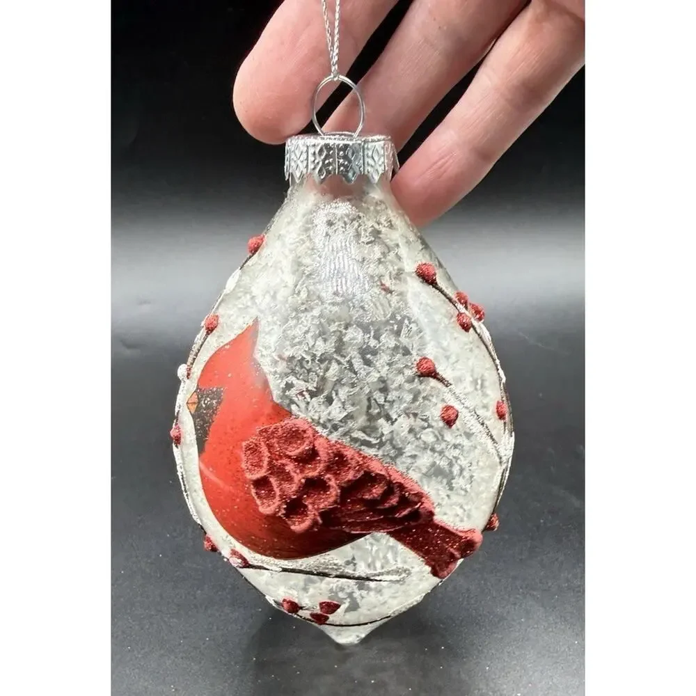 Pier 1 Hand Blown Glass Red Cardinal Tear Drop Christmas Ornament -Lo16